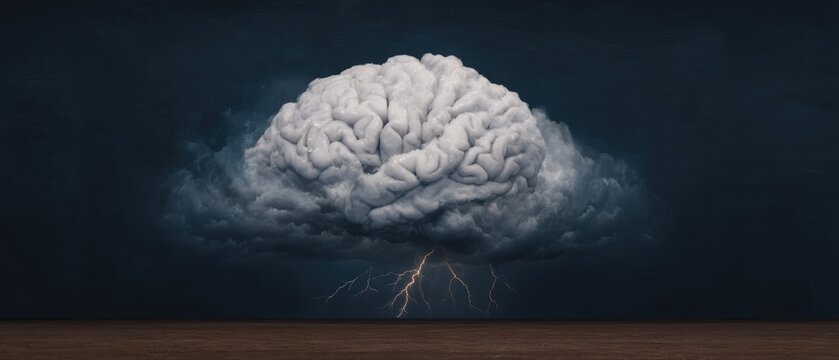 A surreal image of a large brain resembling a dark cloud, with lightning striking beneath it over a barren landscape.