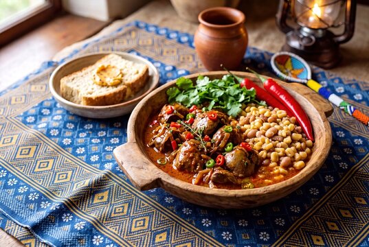 Traditional South African Peri Peri Chicken Livers Served with Samp and Beans in Rustic Bowl