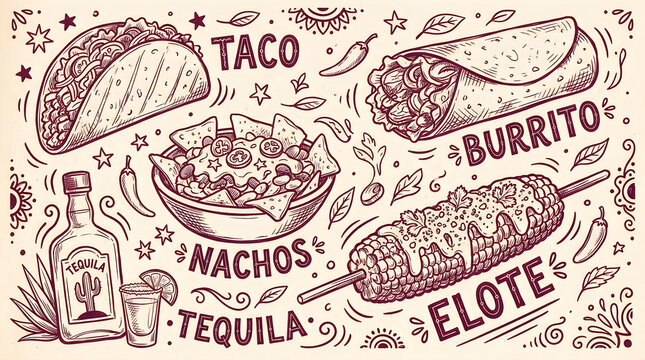 Mexican food hand drawn illustration. Taco burrito and tequila sketch set for menu design.