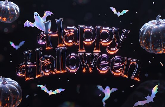 Holographic Happy Halloween Glass Typography with Spooky Bats and Ghosts on Dark Background