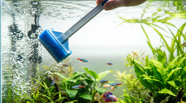 Hand using brush to clean aquarium with colorful fish and plants  