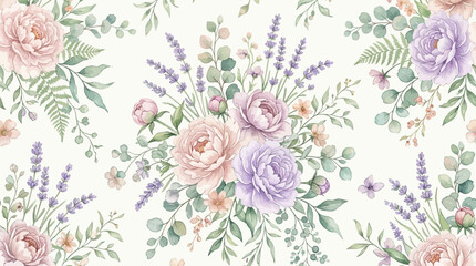 Elegant watercolor floral pattern with peonies, lavender, and eucalyptus leaves. © Sendang