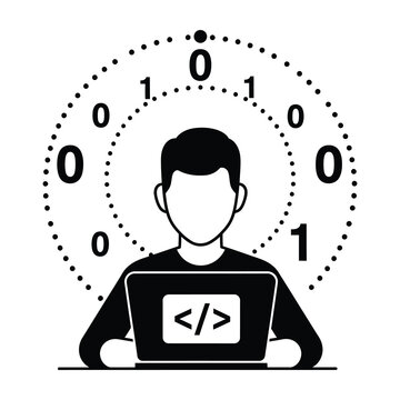 programmer coding on laptop with binary code background