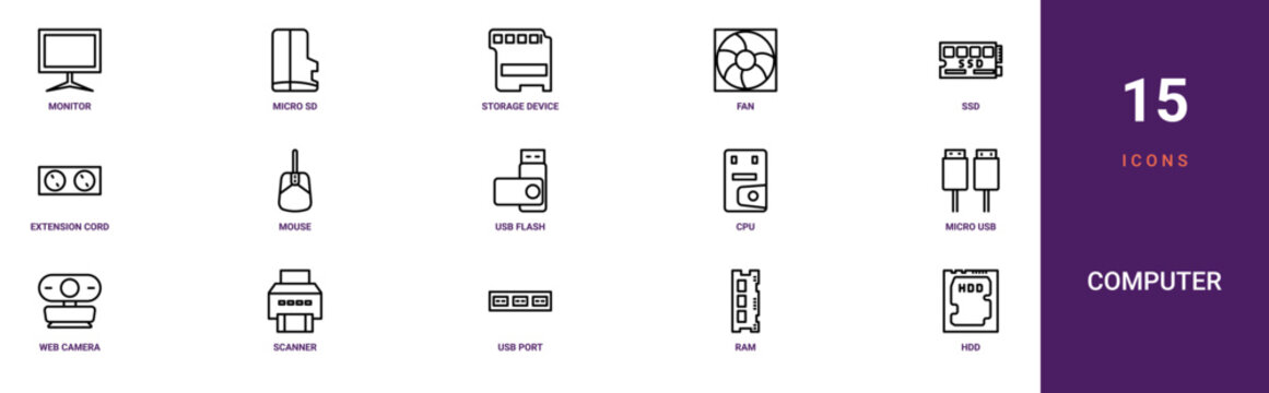Set of 15 outline web Computer icons such as hdd, ram, usb port, scanner, web camera, micro usb, cpu vector icons for report, presentation, diagram, web design, mobile app