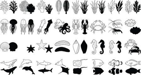 Marine Life Outline and Silhouette Vector Set with Sea Animals Shells and Ocean Plants © AtikNova Design