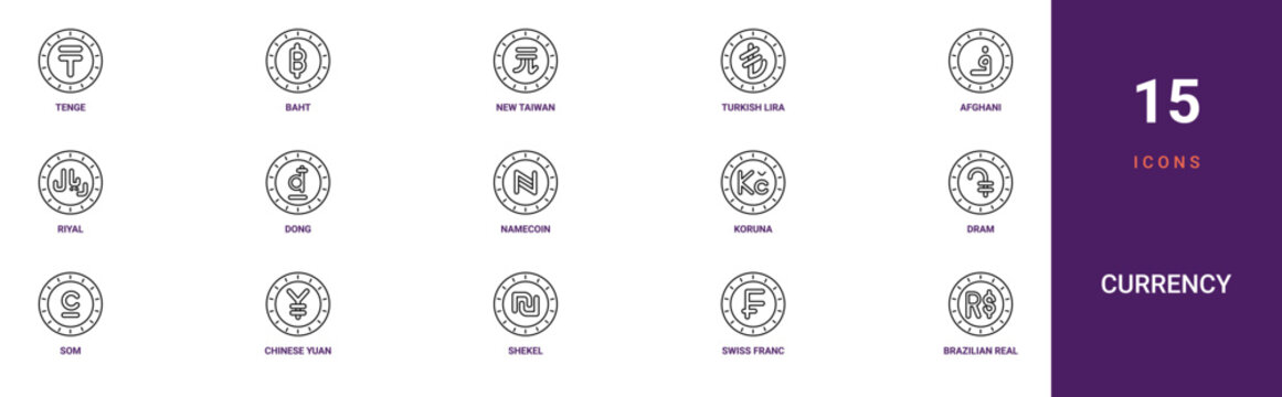 Set of 15 outline web Currency icons such as brazilian real, swiss franc, shekel, chinese yuan, som, dram, koruna vector icons for report, presentation, diagram, web design, mobile app