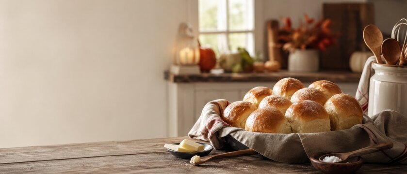 Rustic dinner rolls in a warm autumn kitchen