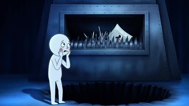 Animated character experiencing existential dread and paper transformation in a dark surreal environment.