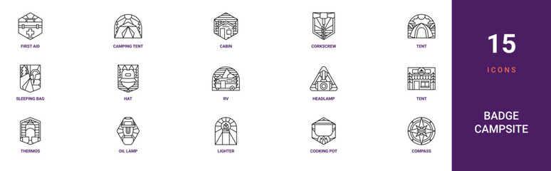 Fototapeta premium Set of 15 outline web Badge Campsite icons such as compass, cooking pot, lighter, oil lamp, thermos, tent, headlamp vector icons for report, presentation, diagram, web design, mobile app