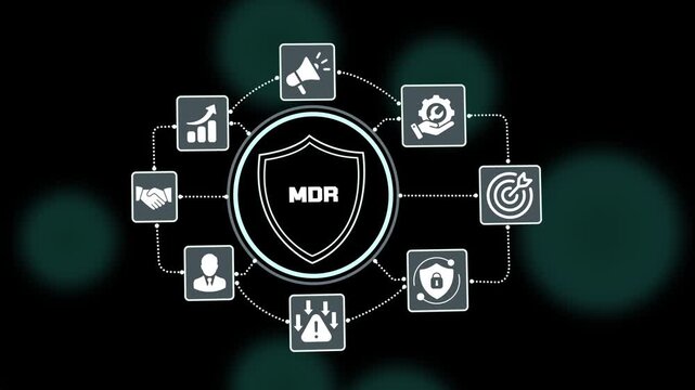 Managed Detection and Response MDR concept with shield security icon, proactive cyber threat monitoring, enterprise defense, risk management and digital resilience.
