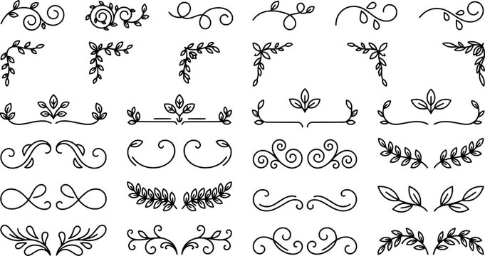 Set of simple hand drawn floral dividers and corner ornaments transparent background