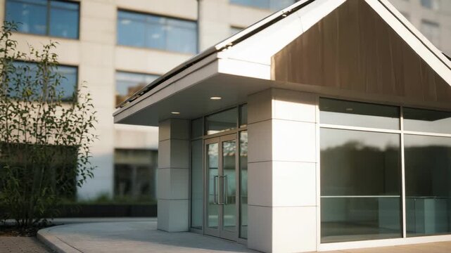 Medium shot of an energyefficient bank entrance showcasing solar panels on the roof with blurred urban corner lot surroundings in soft focus.