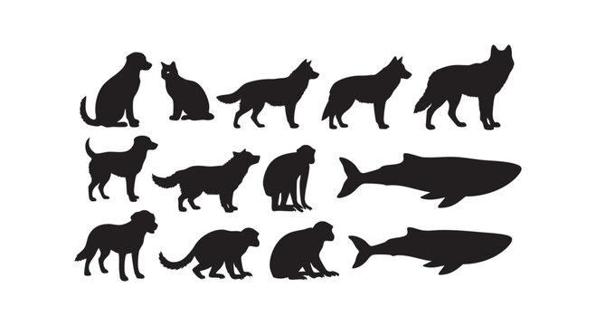 Collection of animal and marine life silhouettes including dogs wolves monkeys and whale shapes for versatile art usage.