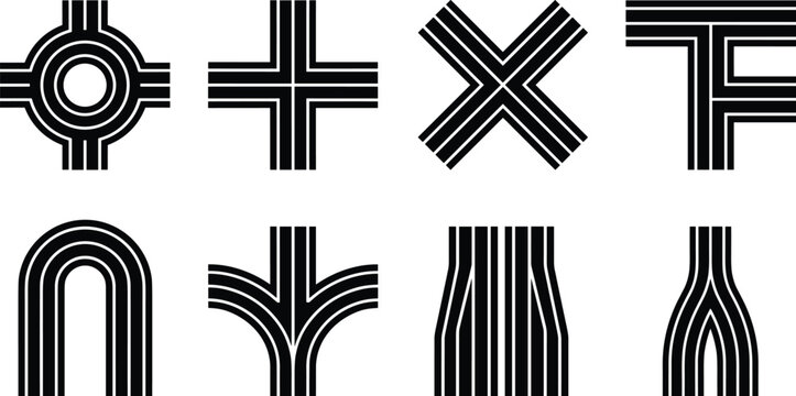 Bold Multiline Road Intersection Vector Set Featuring Roundabout Crossroads Junction Fork Turn Narrowing Lane and Overpass Graphic Icons