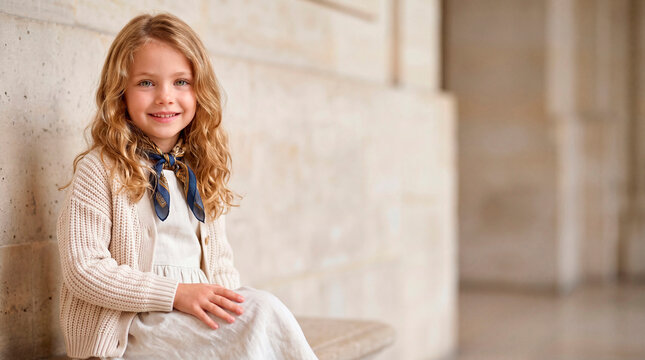 A charming AI-generated portrait of a smiling young blonde girl with long wavy hair, wearing a light dress, knitted cardigan, and elegant neck scarf. Captured in soft natural light against a warm ston