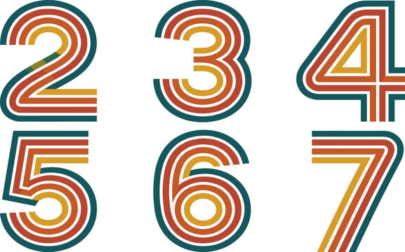 Retro Multiline Striped Number Set Featuring Bold Groovy Typographic Elements for Birthday Posters, Graphic Typography, and Vintage Logo Designs