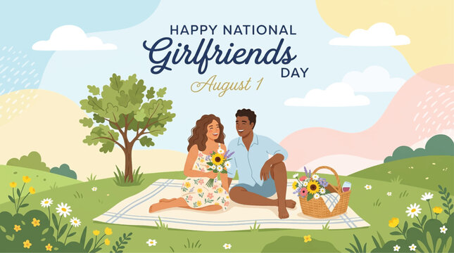 National Girlfriends Day, August 1, happy girlfriend day, vector illustration, picnic, lovers, romantic couple