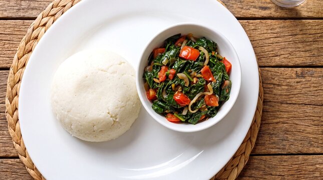 Traditional East African cuisine featuring a serving of Ugali and sauteed leafy vegetables on wooden table