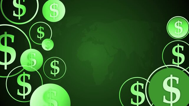 Abstract dark background with dollar signs in circles showing money finance and wealth concept animation