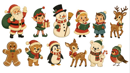 Fototapeta premium Vintage Christmas Character Collection with Santa Animals Snowman and Elf Vector Set
