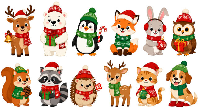 Cute Christmas Animals Character Collection with Reindeer Penguin Fox and Gifts Vector Set
