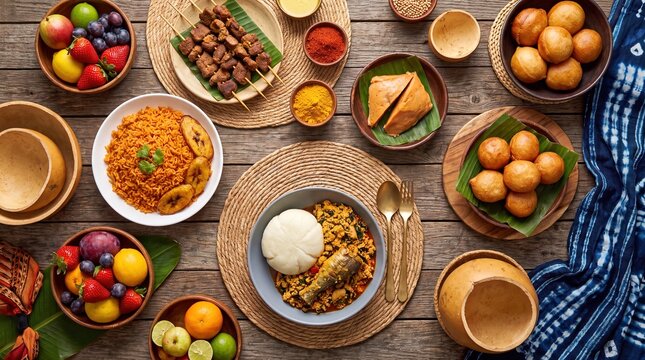 A Vibrant Selection of Traditional Nigerian Cuisine Arranged on a Rustic Wooden Table Surface