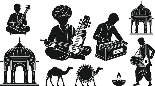Traditional Rajasthani Folk Musicians and Indian Culture Silhouette Vector Set with Sitar Sarangi Harmonium Dholak and Chhatri Elements