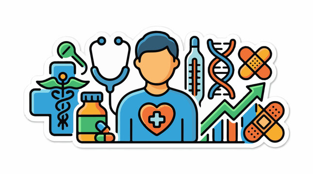 Medical icons including person DNA stethoscope thermometer and growth chart