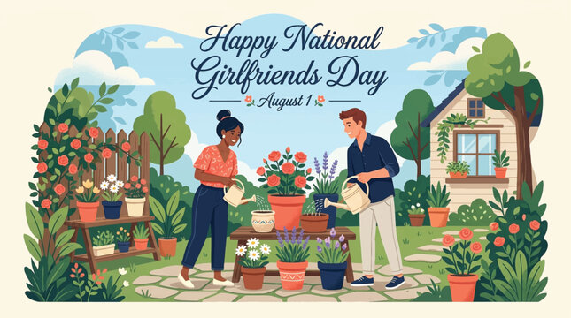 National Girlfriends Day, garden scene, couple, Happy National Girlfriends Day, August 1, vector illustration