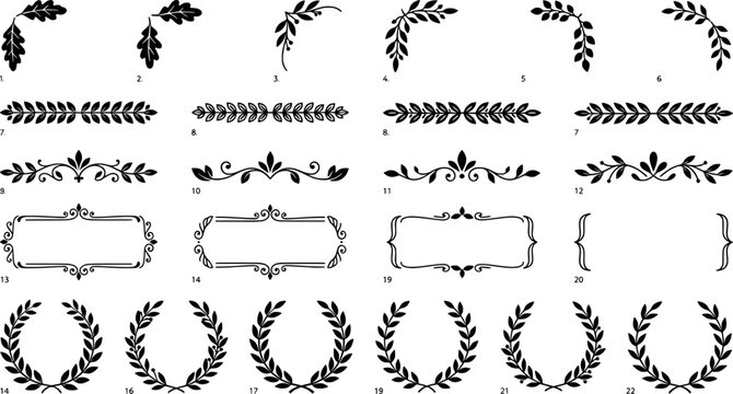 Set of numbered floral frames, borders, and laurel wreaths for design transparent background