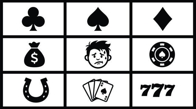 Minimalist casino and problem gambling vector icon set with playing cards chip horseshoe money bag for betting app interface
