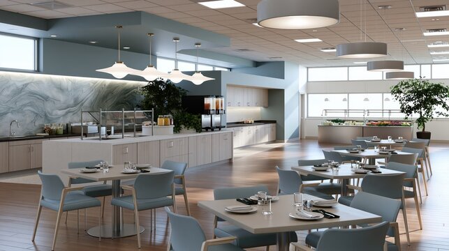 Modern cafeteria interior with light blue chairs and tables set for dining during daylight