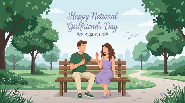National Girlfriends Day, happy couple, romantic park scene, vector illustration