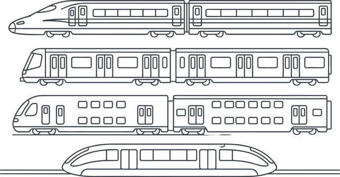 Modern Passenger Train Icon Set Featuring High Speed Bullet Train Metro Subway Locomotive Double Decker and Monorail Outline Line Art Vectors