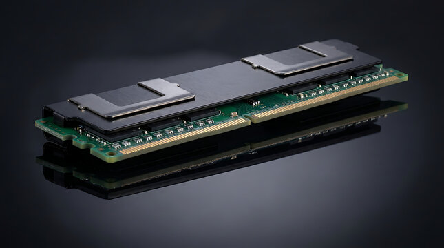 Computer RAM memory module with heat spreader on a black reflective surface