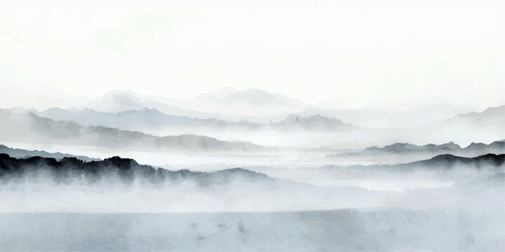 Misty Mountain Serenity A breathtaking panoramic vista of layered mountain ranges shrouded in ethereal mist, evoking a sense of profound tranquility and the sublime beauty of nature.