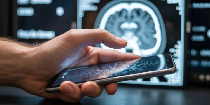 Close-up of a hand holding a smartphone in front of a medical screen displaying a human brain MRI scan for neurological diagnosis
