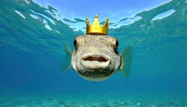 Pufferfish with a crown swimming in the ocean, a whimsical underwater scene.