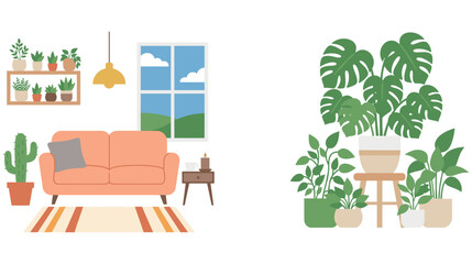 Modern living room interior and houseplant collection flat design art. © abedin