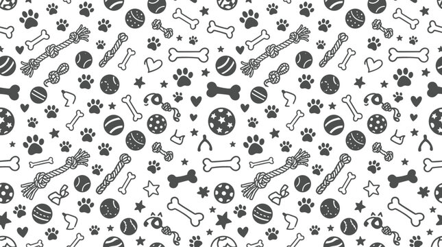 Dog Toys Pattern with Paw Prints and Bones on White Background for Pet Product Packaging Design