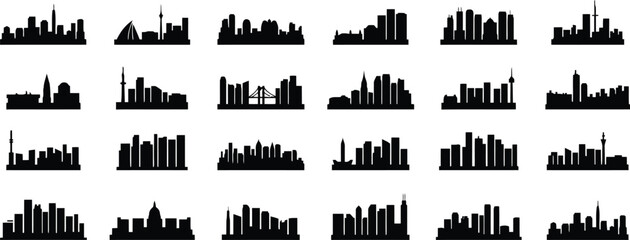 Collection of black cityscape silhouettes with diverse architecture © MDSHAHIN