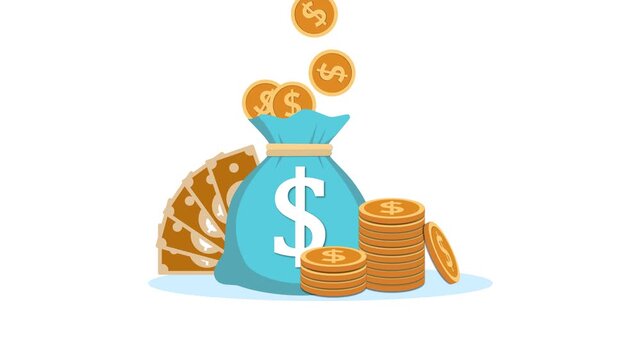 Money bag with coins and cash, Flat animation of a money bag with coins and banknotes, Business savings wealth and finance concept animated