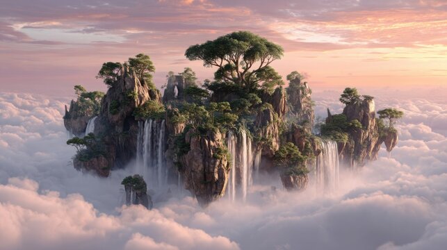 Massive floating island covered with waterfalls, forests and ancient trees above the clouds, golden sunrise, breathtaking realistic fantasy