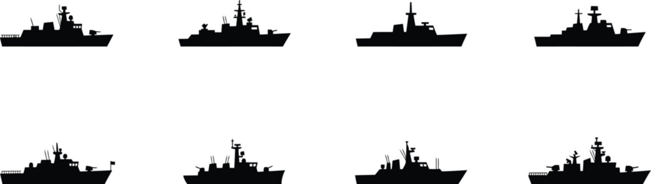 Collection of black silhouette warship outlines 