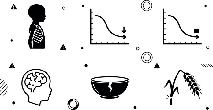 Childhood Malnutrition and Global Food Crisis Infographic Vector Icon Set Featuring Starving Body Silhouette Cognitive Stunting Decreasing Supplies Broken Bowl and Wilted Wheat