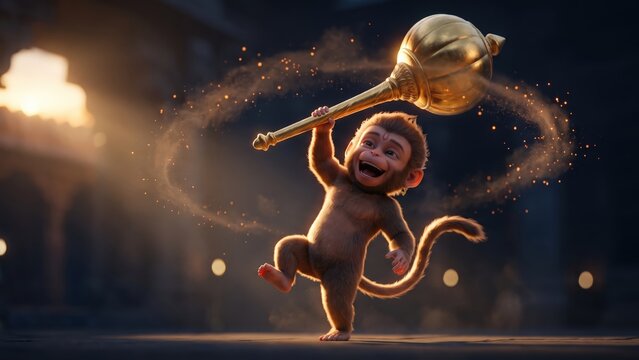 Little Hanuman Twirling a Golden Gada &ndash; Playful Devotional 3D Illustration