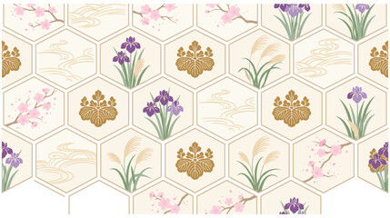 Seamless pattern with japanese traditional floral motifs and golden crests. © abedin