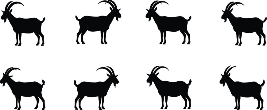 Eight black silhouette goats various poses  animal
