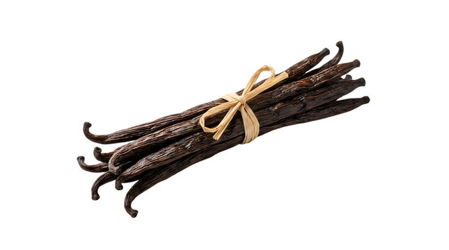 Bundle of dark brown vanilla bean pods tied with a natural raffia ribbon on a black background spice