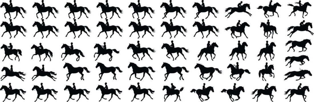 Silhouette horse rider galloping and trotting in various poses